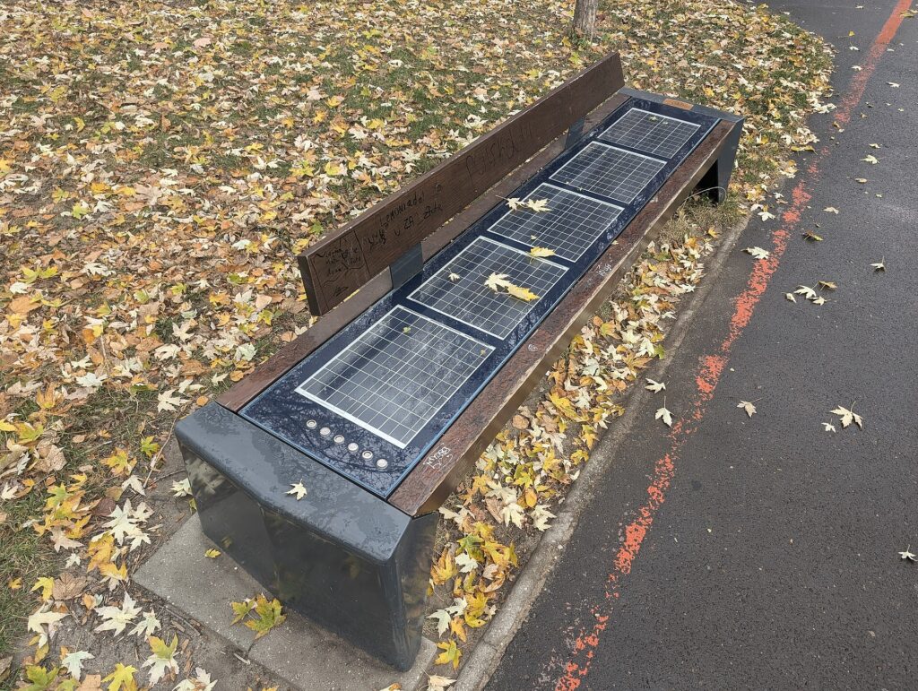 Leere Parkbank an einem Weg mit gefallenem Laub an einem grauen Herbsttag